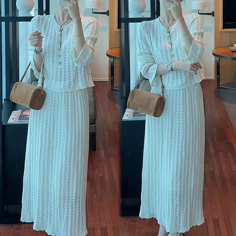 法式小香风套装女22025春秋新款镂空针织长袖t恤气质半身裙两件套