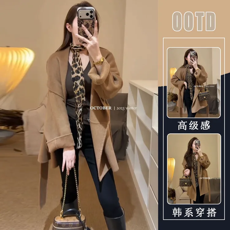 韩系高级感卡其色毛呢外套女2025秋冬新款小个子收腰短款英伦上衣