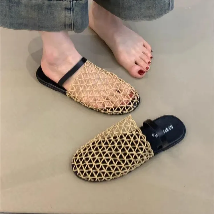 小众设计感包头半拖鞋2025年新款法式个性编织镂空一脚蹬沙滩凉拖