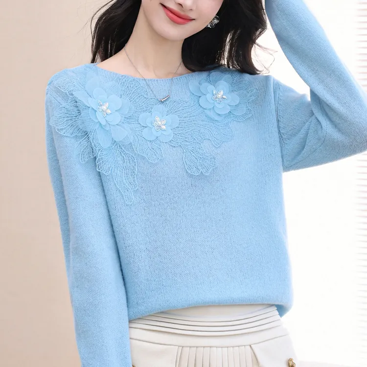 立体花朵毛衣秋冬高端大气上档次羊毛衫女100纯羊毛打底衫设计感