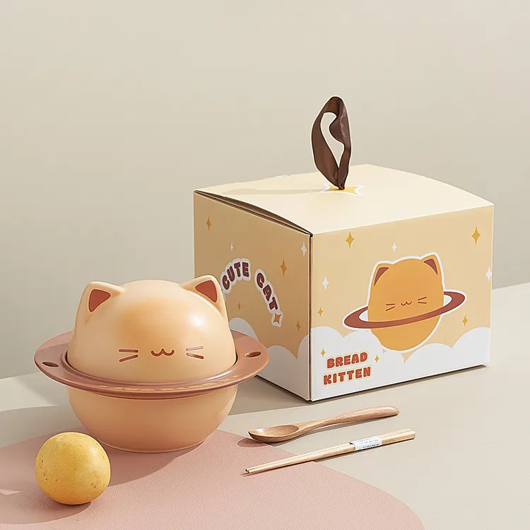 盈璨可爱猫咪陶瓷泡面碗学生宿舍汤碗创意咖啡杯碟套装礼盒礼品