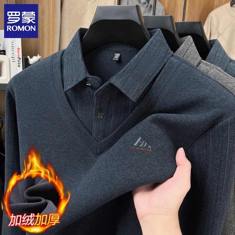 罗蒙男士长袖t恤秋冬新款加绒加厚假两件套头上衣保暖打底polo衫