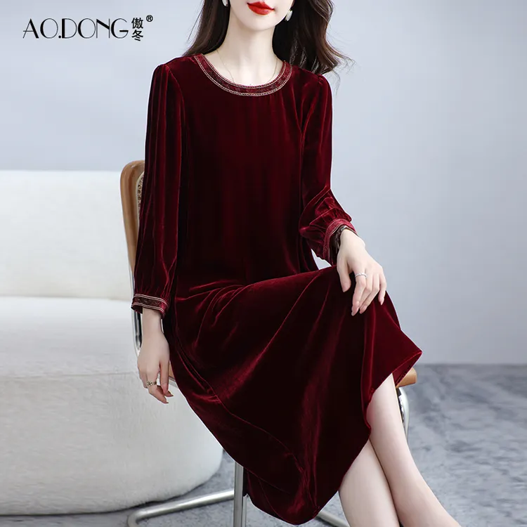 婚宴礼服真丝丝绒连衣裙女喜婆婆桑蚕丝裙子休闲刺绣妈妈纯色秋冬