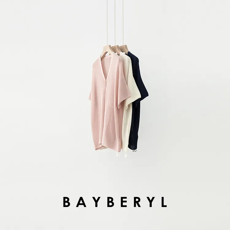 BAYBERYL老贝珊云粉*自在V领半扣百搭春短袖针织衫ZZS5C1722-3/18