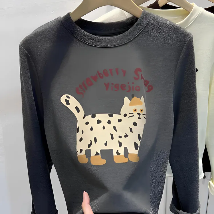 灰色好韩好高级！卡通猫咪字母印花德绒长袖t恤女秋冬显瘦上衣ins