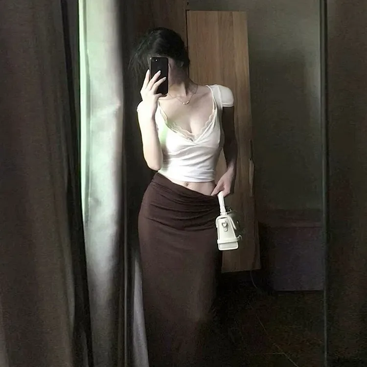 纯欲辣妹V领蕾丝上衣半身裙套装夏季新款修身显瘦性感包臀半身裙