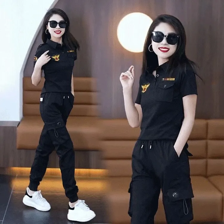 女式春夏高腰遮肉显瘦宽松小个子时尚百搭休闲工装长裤洋气两件套