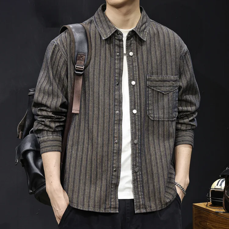 MR.MUDI/穆迪先生美式复古条纹提花牛仔长袖衬衫男春秋款宽松休闲