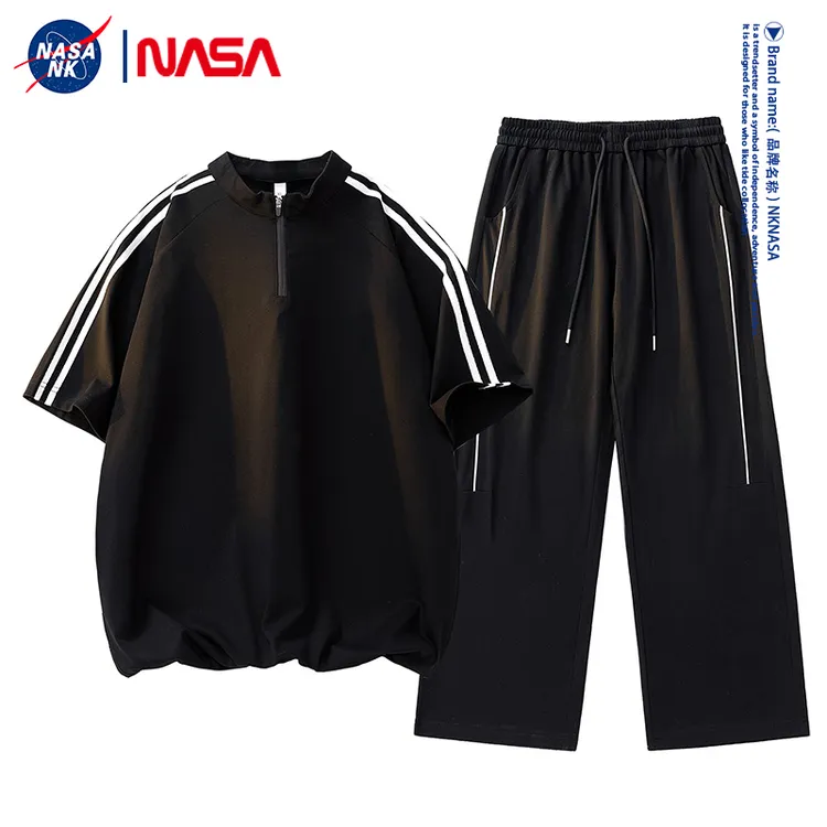 NASA联名拉链条纹休闲短袖男士套装夏季薄款情侣学生九分裤两件套