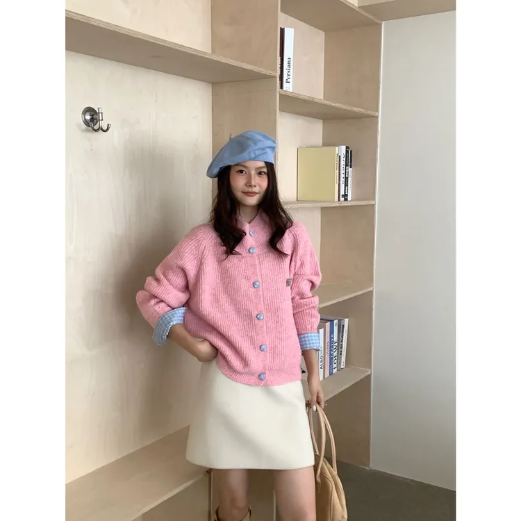 韩系复古灰色翻领长袖针织开衫女秋冬季慵懒风宽松显瘦毛衣外套