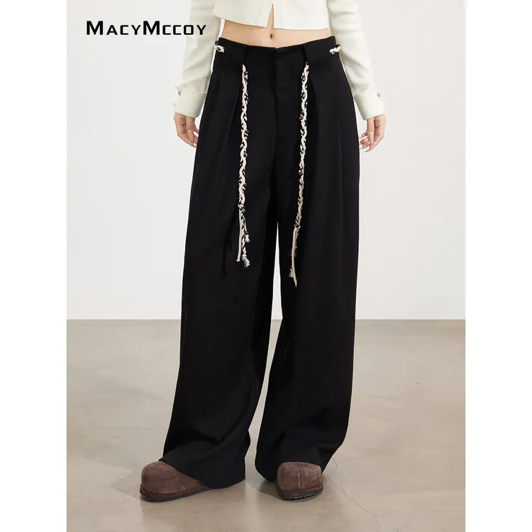 MacyMccoy系带毛呢阔腿裤女秋冬韩系chic时髦设计感休闲保暖长裤