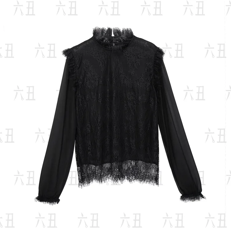 【六丑】时尚显瘦通勤百搭高级感网纱袖蕾丝上衣511ASY0114