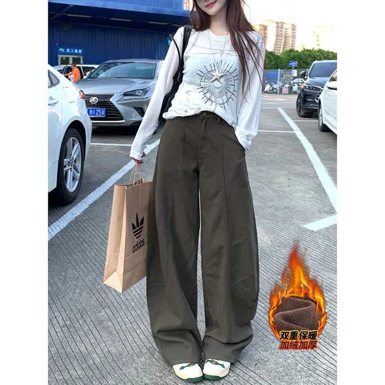 美式复古弯刀加绒阔腿裤女2025年冬季新款高腰宽松显瘦拖地长裤