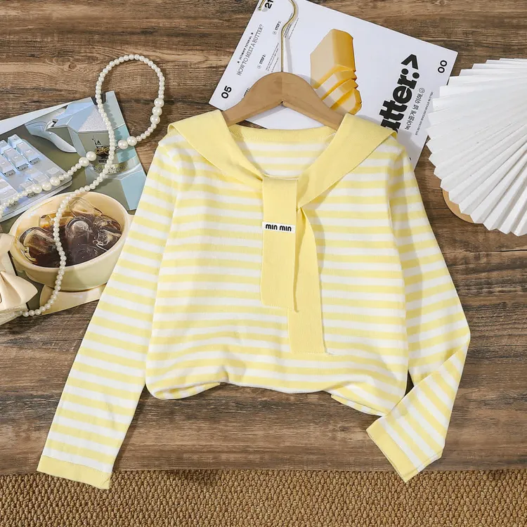 女童春秋洋气长袖条纹圆领披肩防晒毛针织衫套头春季秋季百搭针织