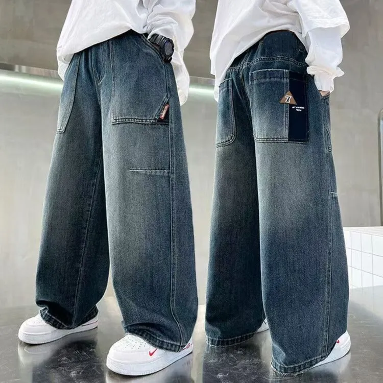 春秋款童装男童加绒裤子秋冬款2025新款牛仔长裤帅气中大童阔腿裤