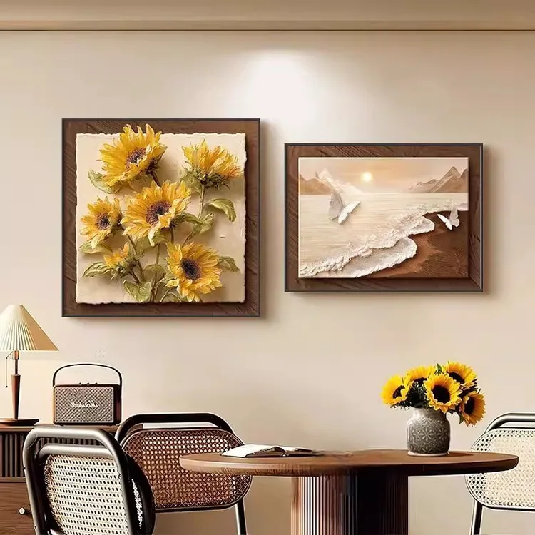 向日葵法式复古餐厅装饰画中古风饭厅组合壁画奶油风卧室床头挂画