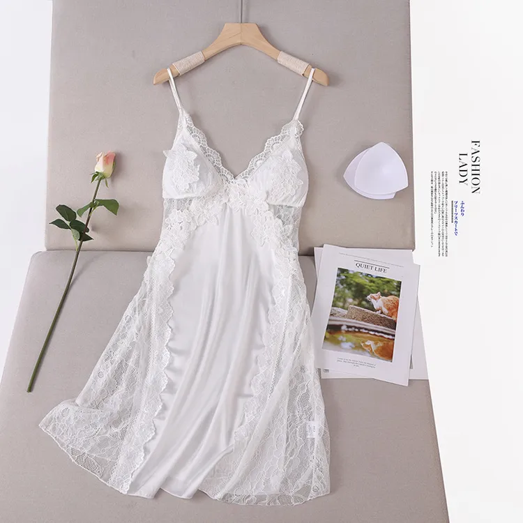 吊带睡裙女夏季新款缎面蕾丝透明花边诱惑性感睡衣纯欲家居服
