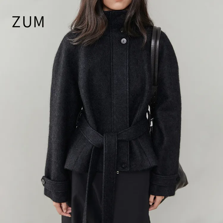 【达人专属】ZUM |10%羊驼毛 |廓肩收腰短外套25冬新款黑色系带气质短大衣