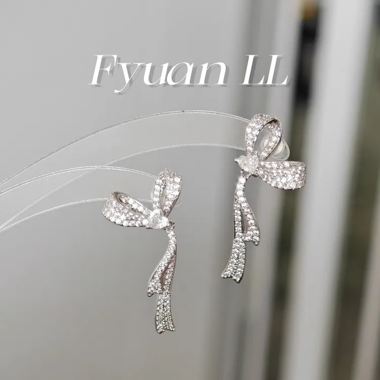 铜合金耳饰 [有耳夹]蝴蝶结耳钉女高级感银色锆石耳环甜美耳饰