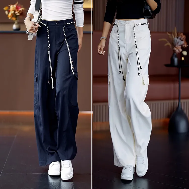 藏蓝色休闲裤子女秋季2025新款高腰宽松拖地裤时尚垂感工装阔腿裤