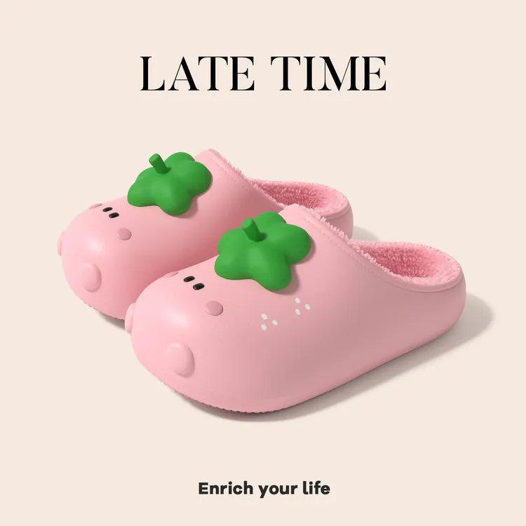 latetime可爱草莓防水棉拖鞋女款冬季室内居家防滑加绒保暖毛拖鞋