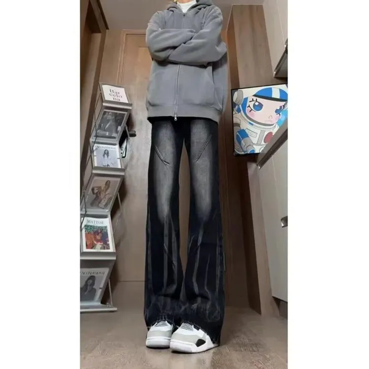 美式高街复古牛仔裤男春秋新款弯刀vibe风褶皱水洗做旧直筒微喇裤