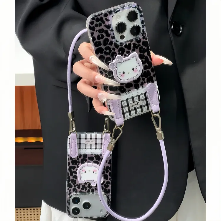 甜酷紫豹纹拼接KT支架适用苹果17手机壳16女华为vivo小米oppo15套