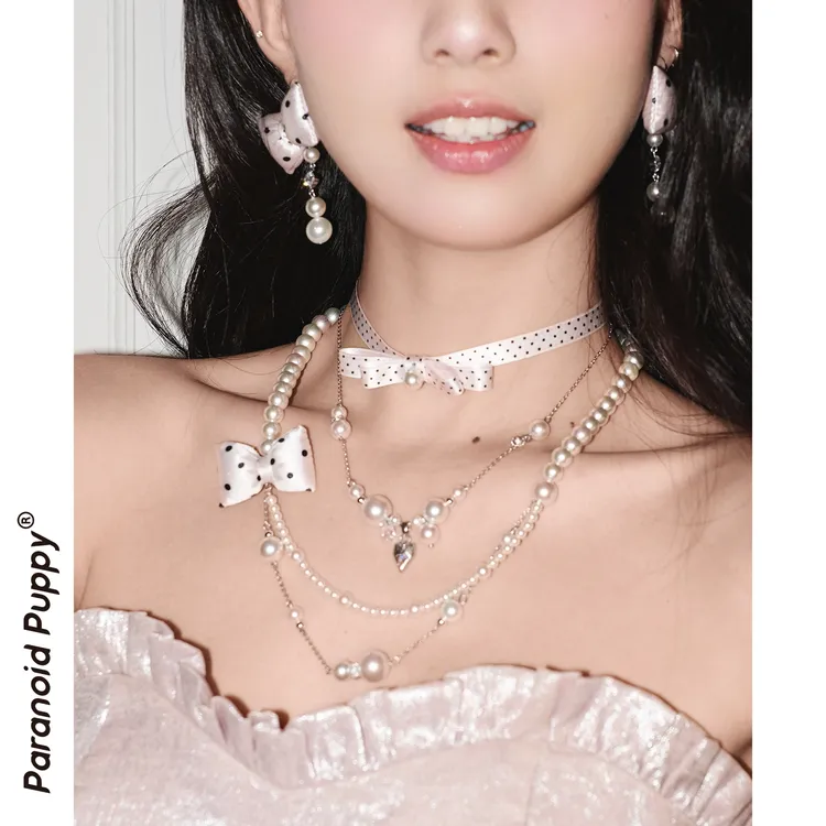 铜合金合成锆石吊坠 波点控miu系！原创小众绸缎蝴蝶结少女项链