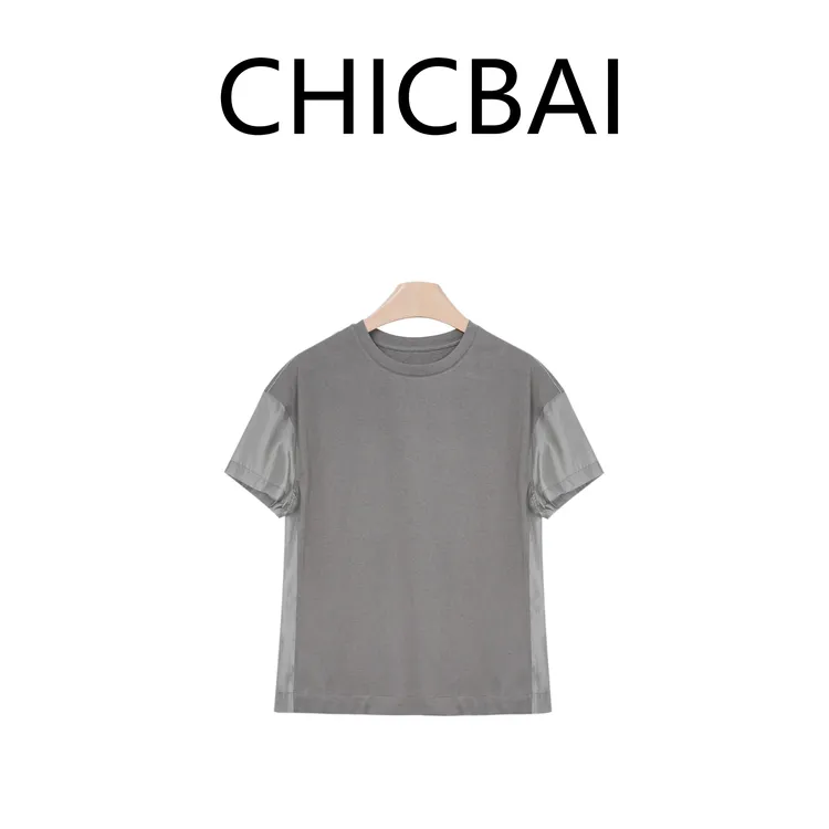 CHICBAI 宝藏棉混纺双拼巧思清爽极简细节钉珠T恤