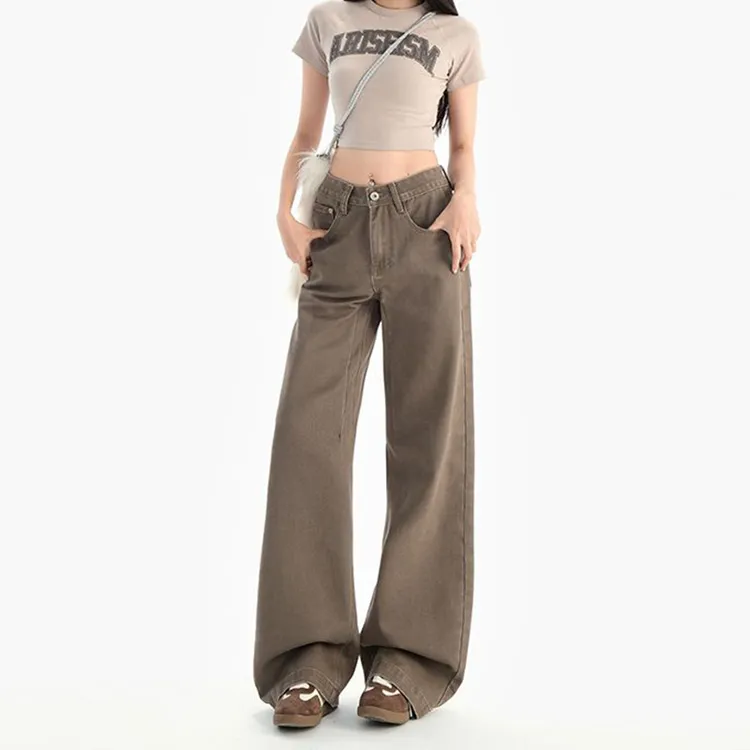 拉夏贝尔美式复古卡其色牛仔裤女秋季2025新款胖mm显瘦百搭阔腿裤