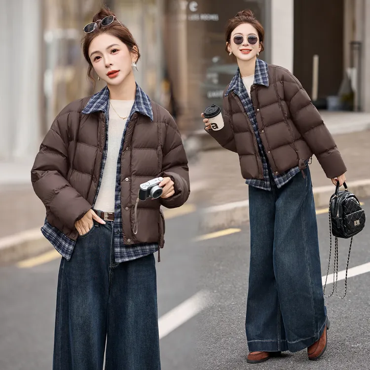 格纹拼接假两件羽绒服女2025冬季新款设计感气质百搭白鸭绒短外套