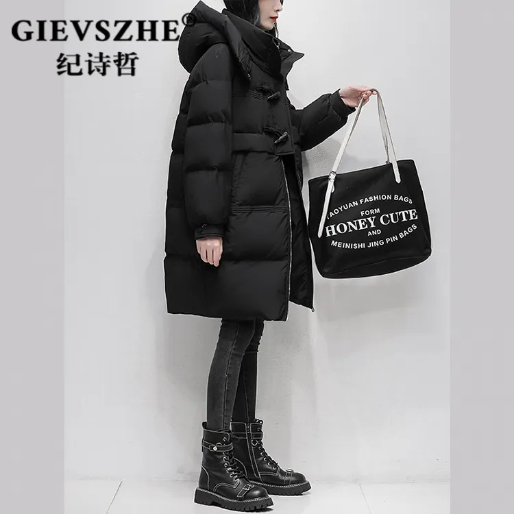纪诗哲时尚中长款羽绒服女2025冬季新款白鸭绒牛角扣爆款加厚外套
