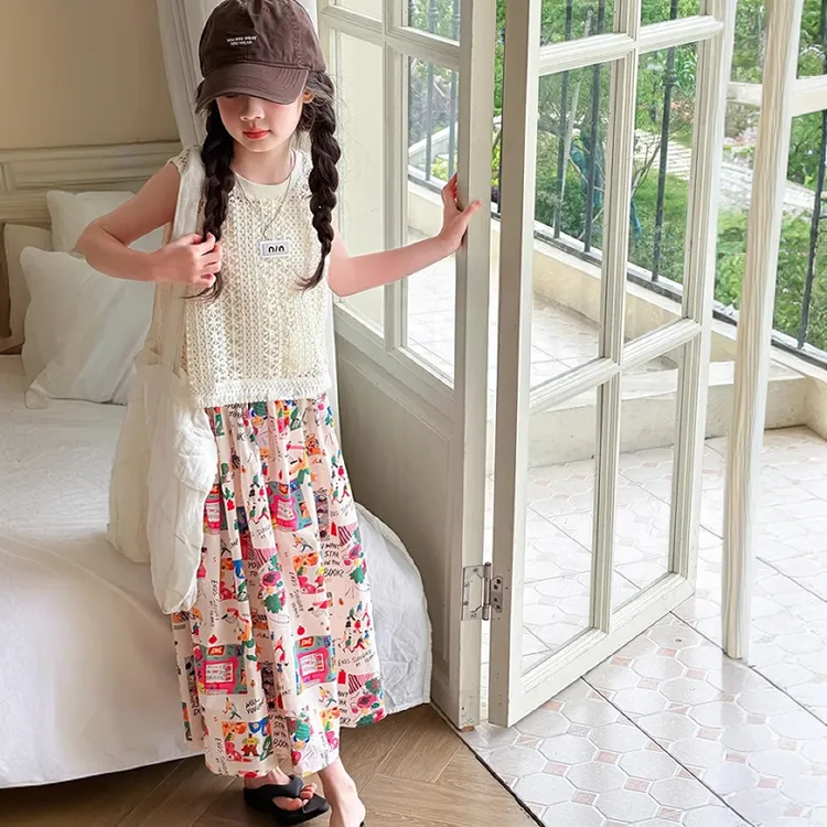 女童半身裙三件套2025夏天女孩子海边度假洋气蕾丝背心t恤套装潮8