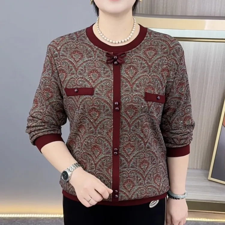 秋冬新款精致圆领印花时尚妈妈装加绒保暖休闲百搭长袖上衣H6631