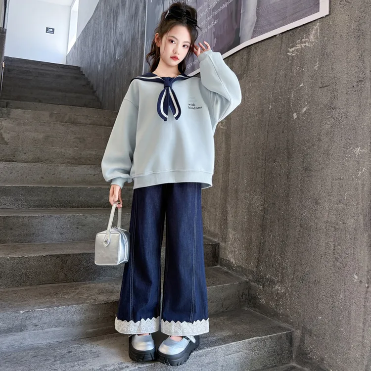女童秋装套装2025新款洋气儿童海军领卫衣大童春秋款牛仔裤两件套