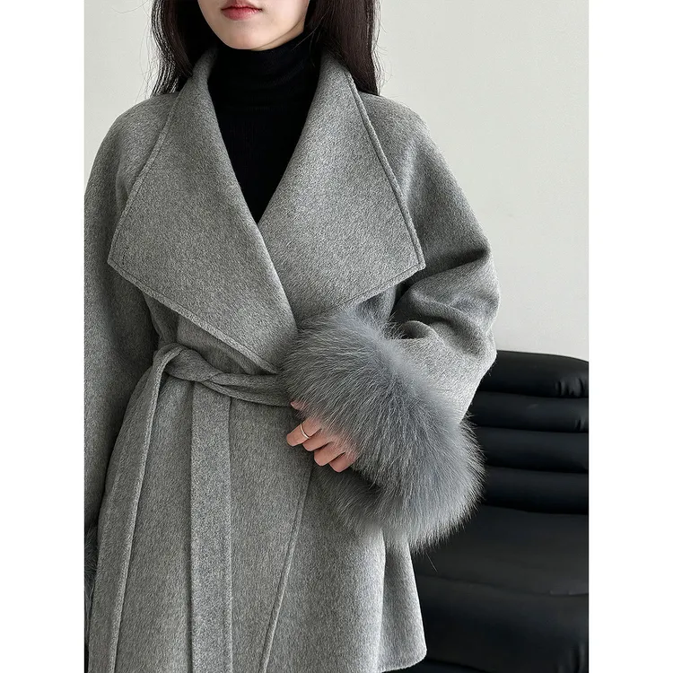 鹿西 真狐狸毛双面呢大衣系带女25冬季新款中长款羊毛呢外套D9609
