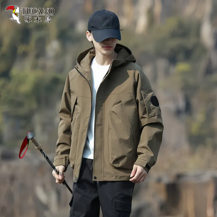 啄木鳥秋季男士休闲宽松连帽百搭夹克新款潮牌户外工装冲锋衣外套