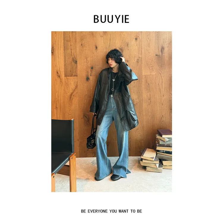 BUUYIE 25SS【黑金报刊】褶皱纹理立领皮衣外套 2470580-2