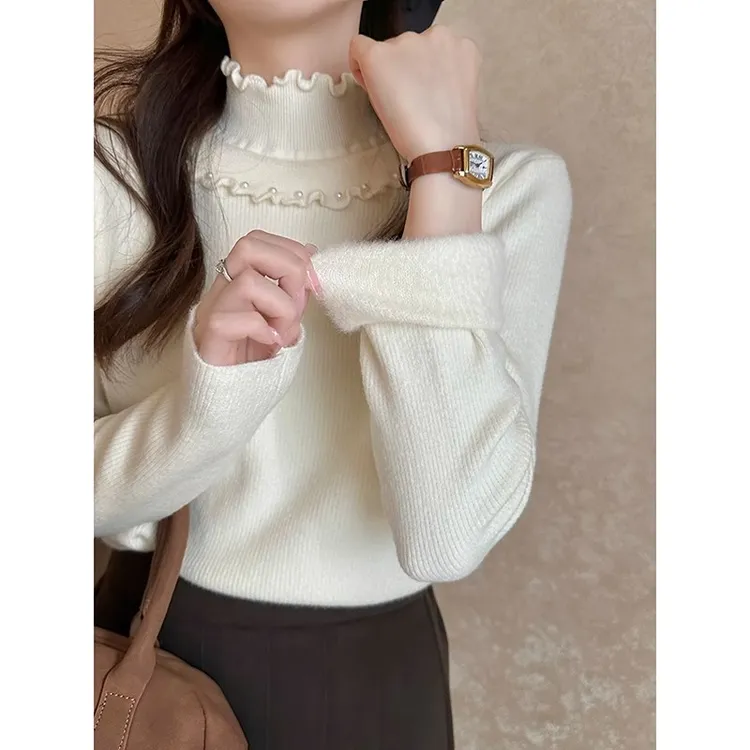 加绒半高领毛衣钉珠设计感上衣女秋冬木耳边内搭一体绒打底针织衫