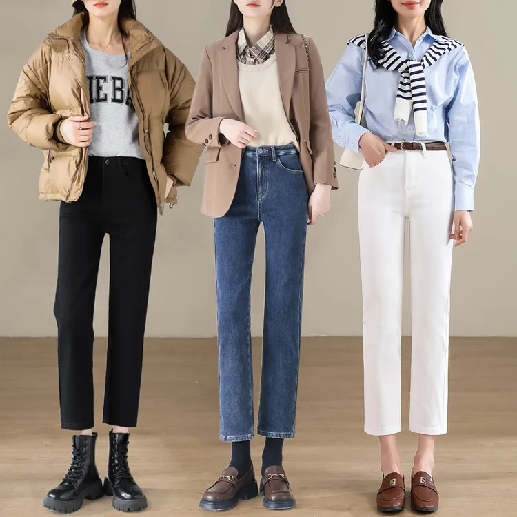 2025宽松直筒牛仔裤女秋冬季加绒加厚冬款窄版烟管九分小个子裤子