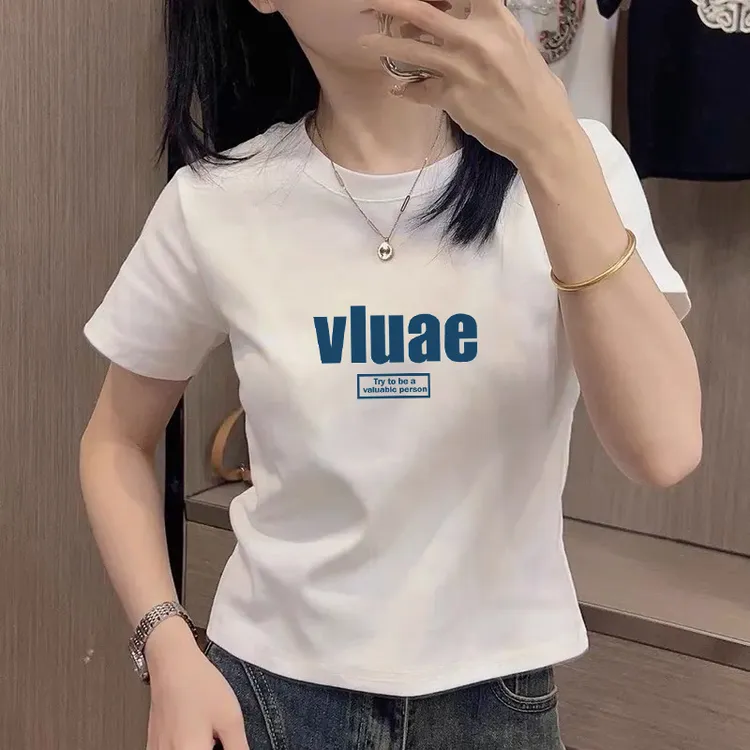 正肩短袖t恤女装夏季修身显瘦圆领体恤字母印花休闲百搭时尚上衣