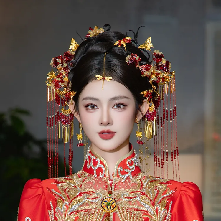 合金树脂婚庆饰品 新娘头饰婚礼红金色瀑布后区眉心坠发饰品G0348