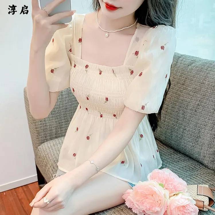 淳启夏季法式方领碎花流行衬衫收腰显瘦遮肉短袖泡泡袖收腰上衣潮