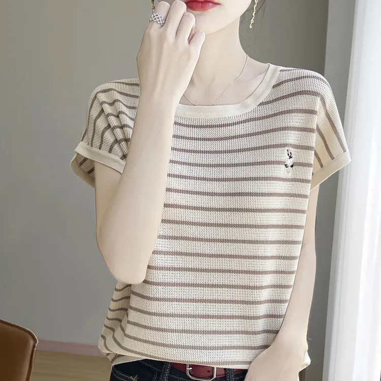 品牌撤柜正品夏季兔子刺绣条纹低领针织衫宽松弹力百搭飞袖上衣