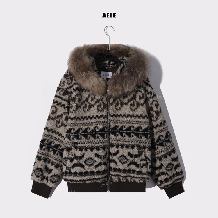 AELE复古连帽貉子毛大毛领保暖费尔岛颗粒绒外套 W855 3725 AD