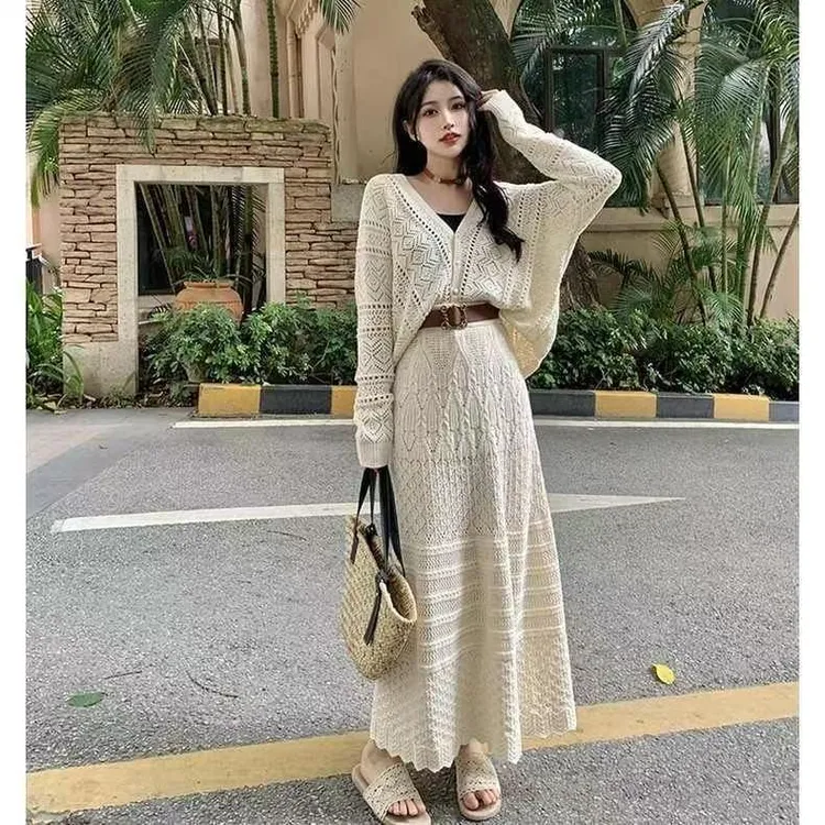 针织茶系新款镂空高级春秋季开衫外套半身裙时尚两件两件套套装