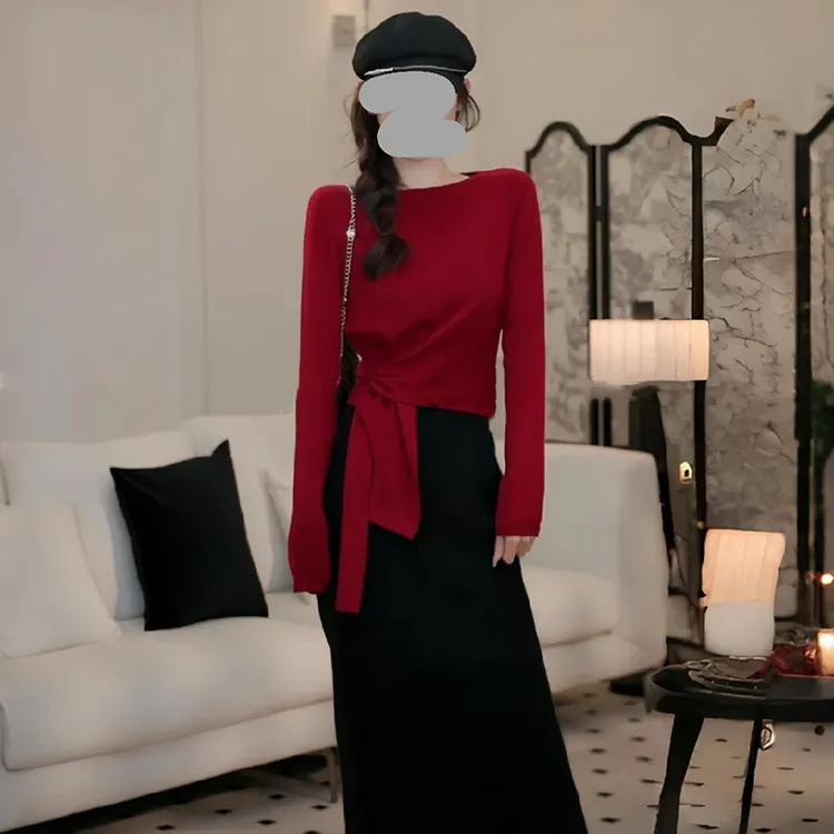 秋冬新款简约设计感显瘦精致下摆系带上衣毛衣半身裙套装女