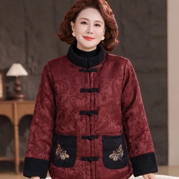 冬季加厚中式复古拼接中老年女装外套妈妈保暖口袋珠绣棉服