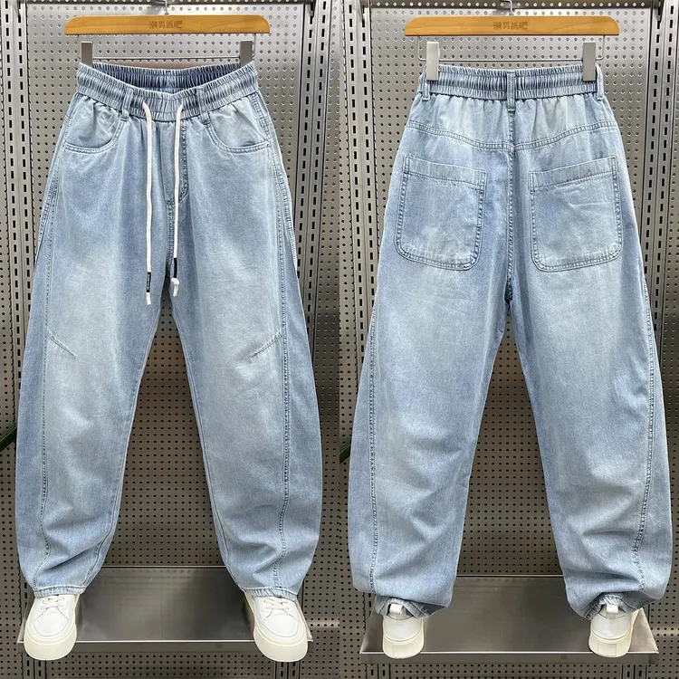2025夏季新款浅蓝色直筒牛仔裤男宽松时尚阔腿裤弯刀薄款休闲裤子