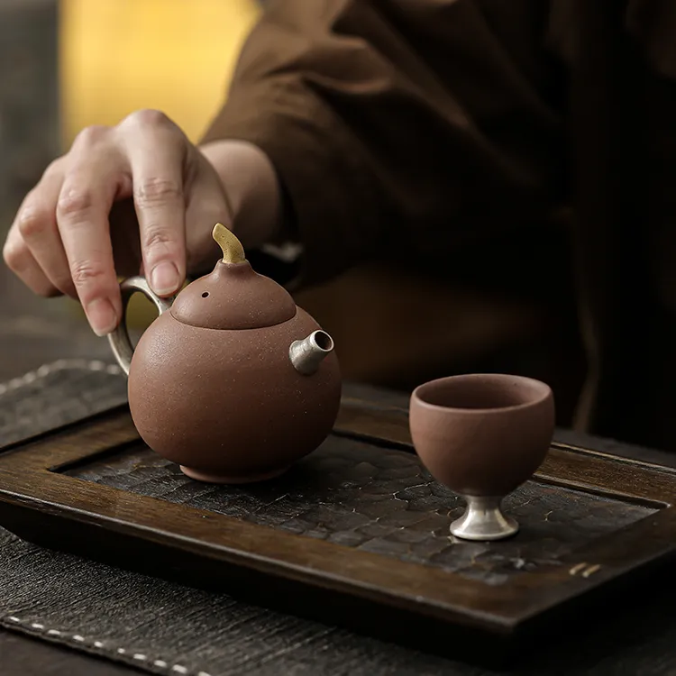 尘造鎏银系列原矿老岩泥福禄壶一壶两杯套组手工鎏银送礼功夫茶具